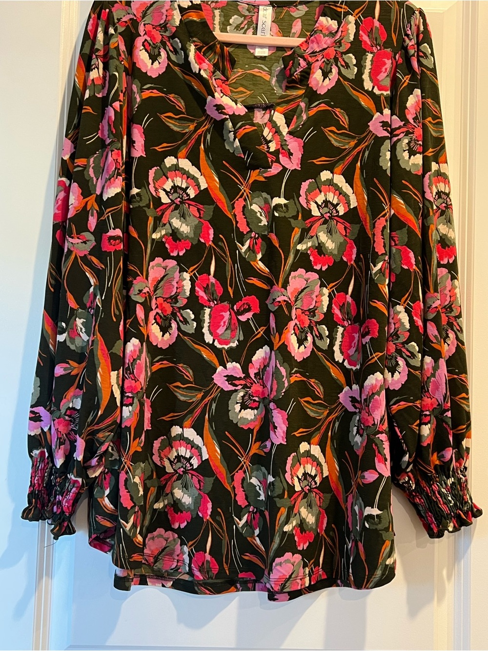 Long Sleeve Floral V-Neck Blouse - Pink & Orange on Black with Smocked Sleeves